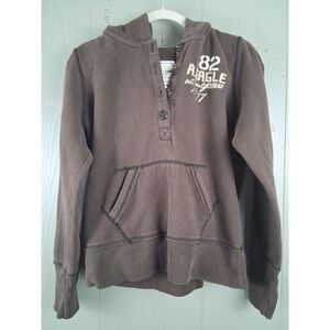 VTG American Eagle Womens L Graphic Hoodie Pullover Chocolate Brown Henley 90s